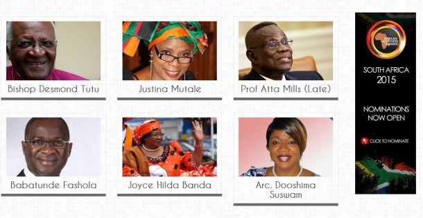 Justina Mutale with fellow recipients of the African Achievers Award, who include The Archbishop Desmond Tutu of South Africa; The Rt. Hon. Joyce Banda, then President of Malawi; The Rt. Hon. Atta Mills, late President of Ghana; and Babatunde Fashola, Governor of Lagos State, Nigeria
